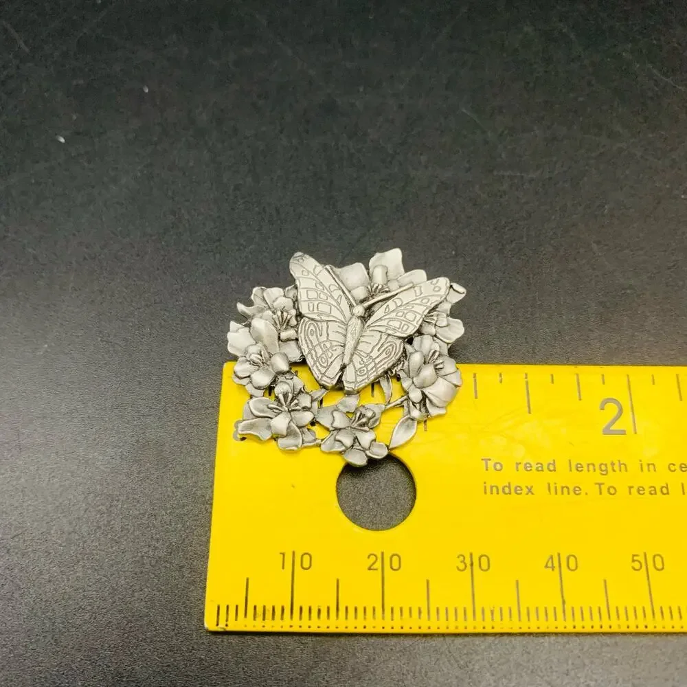 1998 Birds & Blooms Flowers Butterfly Pewter Brooch